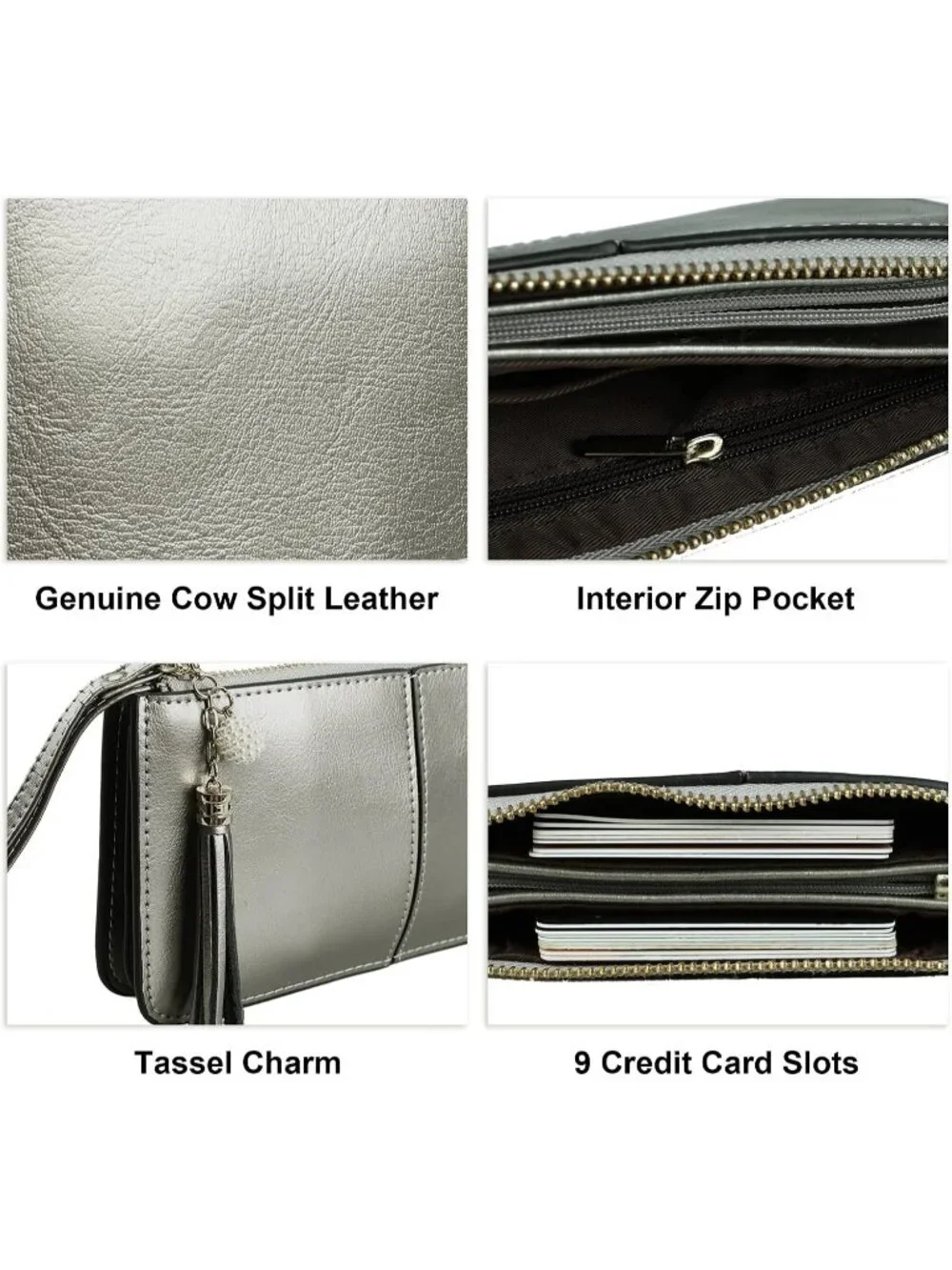 Women’s Warm Silver Genuine Leather Wristlet Clutch Slim Holder Wallet Purse